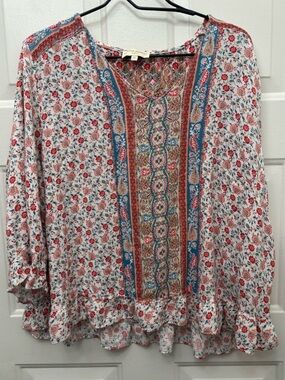 Cynthia Rowley Floral Boho Peasant Tunic in Coral, Blue, Cream